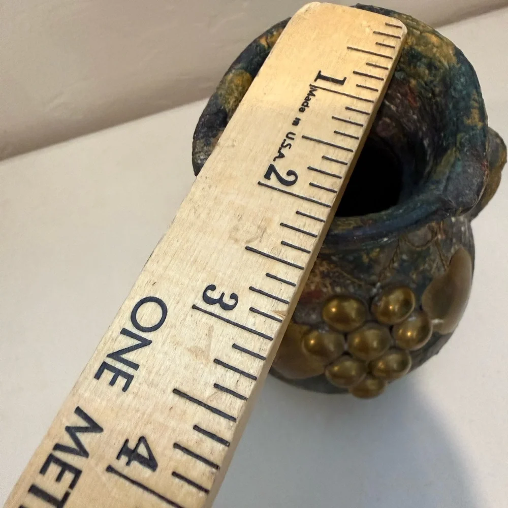 Pottery Vintage Vase Brass and Copper Accents Loop‎ Handles Primitive Folk Art